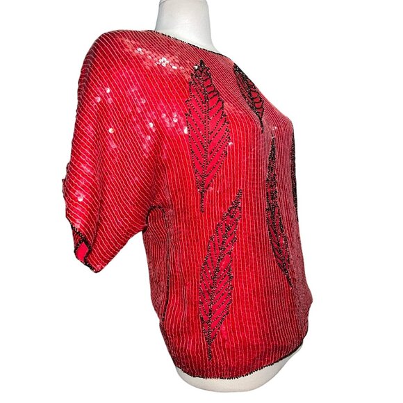 Vintage Jean For Le Bon Red Sequin Beaded Top Medium Pure Silk Short Sleeve Wome - Picture 6 of 11
